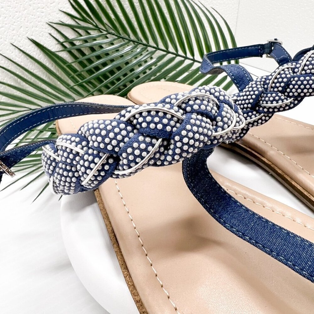 Draper James Blue Julianna Braided Embellished T-Strap Flat Sandals Size 10 - Picture 4 of 9